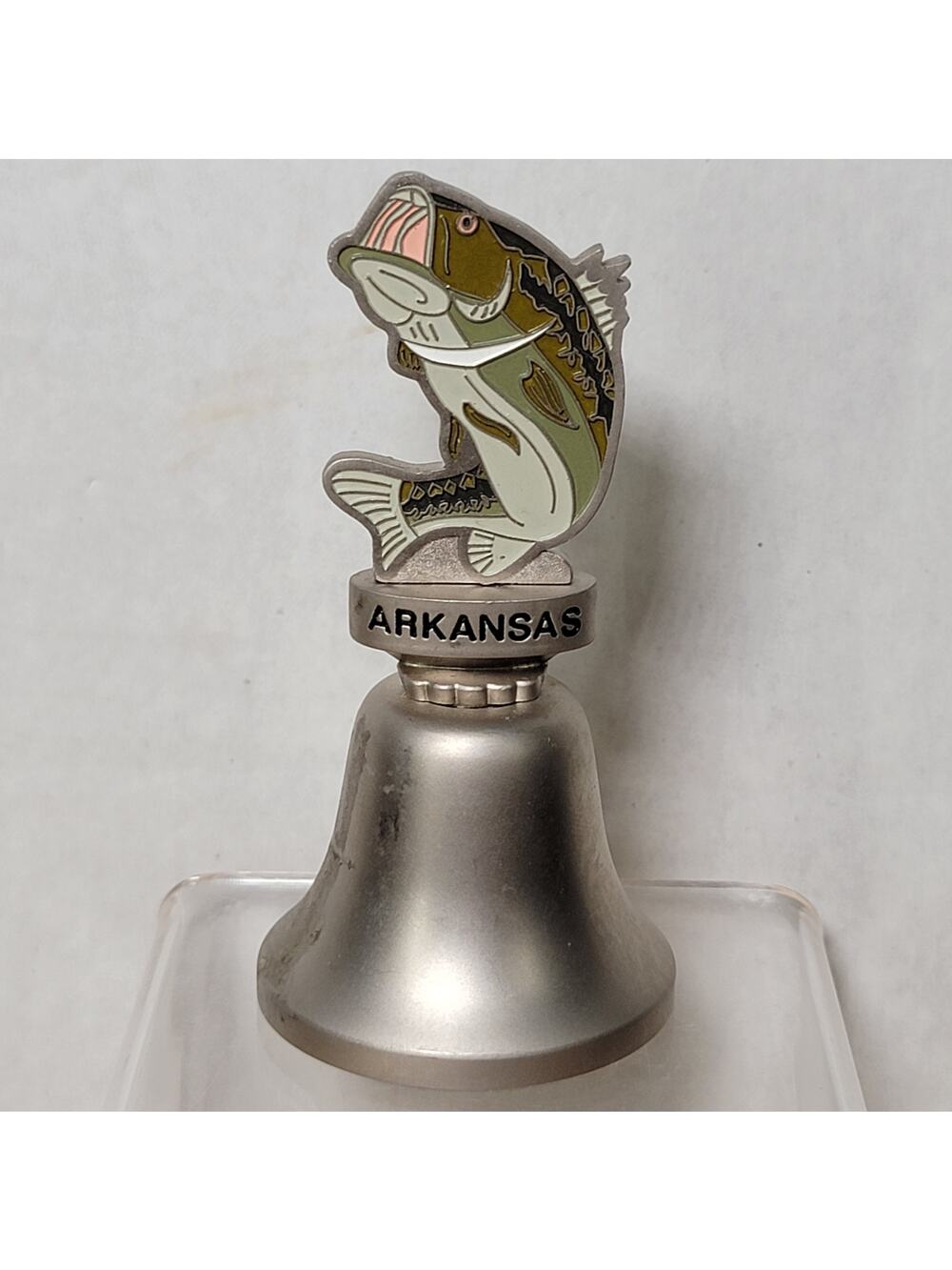 Silver-Toned Metal Arkansas State Souvenir Bell w/ Bass Fish Topper